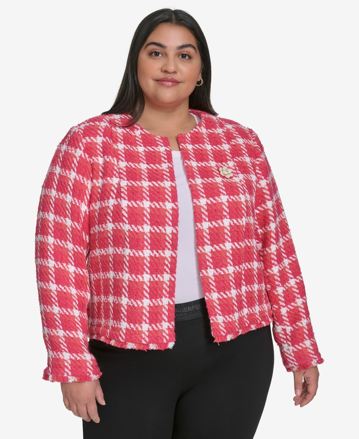 Karl Lagerfeld Paris Plus Size Open Tweed Short Jacket Tea Berry Sunset Coral