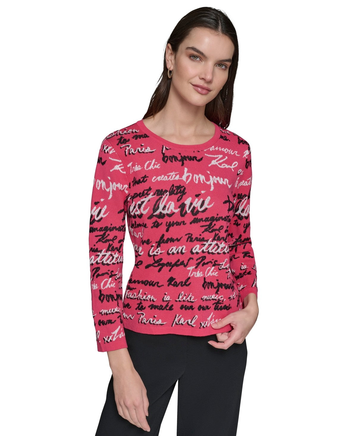 Karl Lagerfeld Paris Womens Allover Script Sweater Teaberry Multi