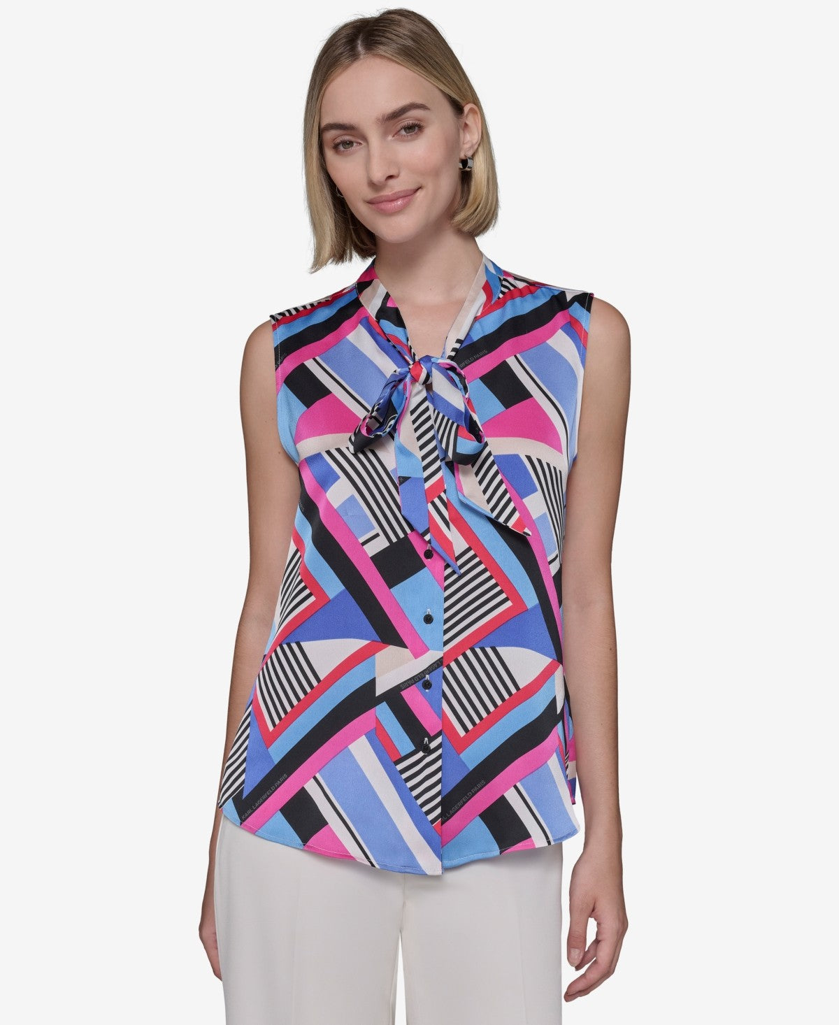 Karl Lagerfeld Paris Womens Crepe Geo Print Tie Neck Blouse Blue