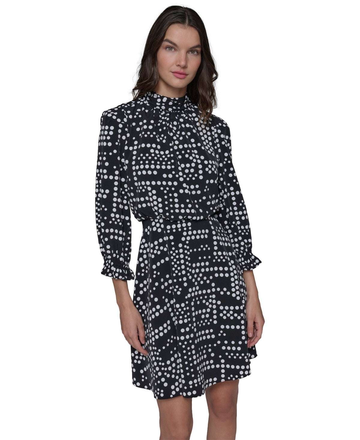 Karl Lagerfeld Paris Womens Dot Print Mock Neck 3 4 Sleeve A Line Dress Black Soft White