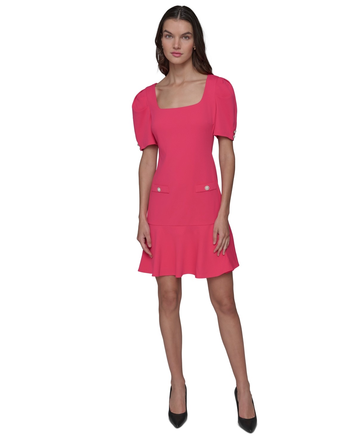 Karl Lagerfeld Paris Womens Puff Sleeve Flounce Hem Sheath Dress Teaberry