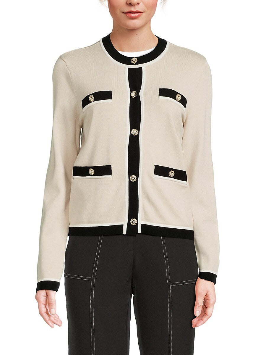 Karl Lagerfeld Paris Womens Contrast Trim Cardigan Tan Size M