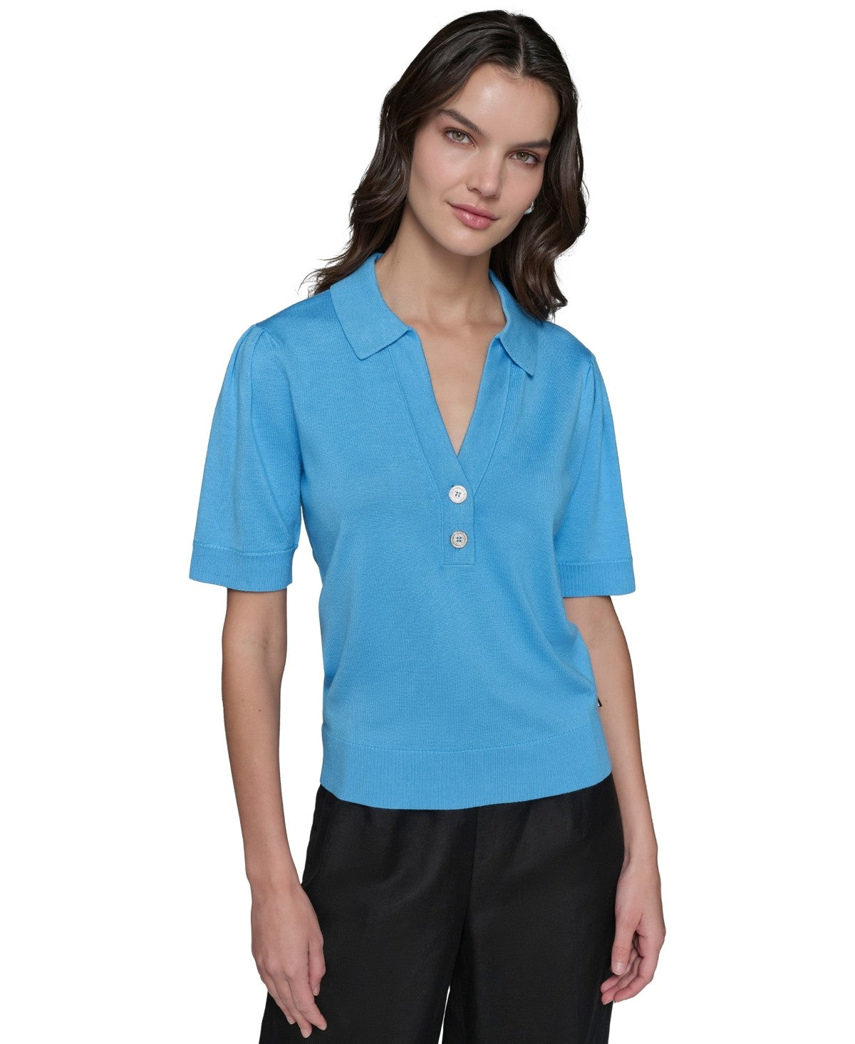 Karl Lagerfeld Paris Womens Short Sleeve Polo Sweater Azure Blue