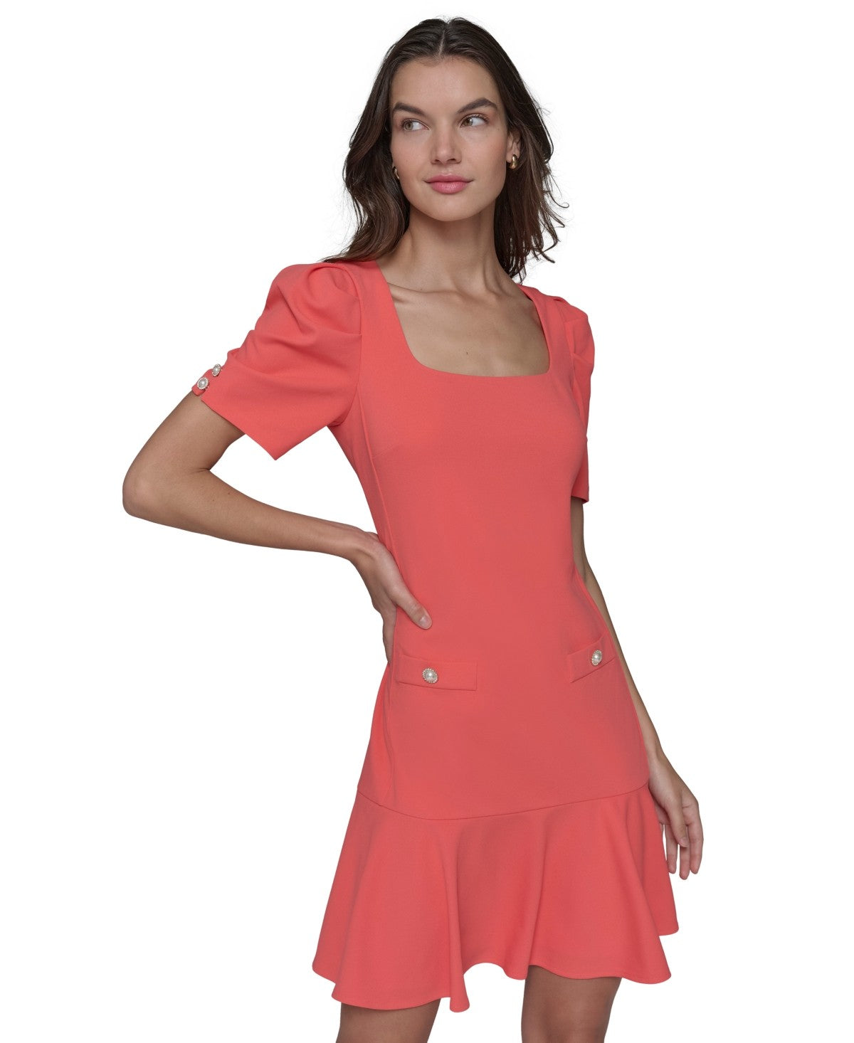 Karl Lagerfeld Paris Womens Puff Sleeve Flounce Hem Sheath Dress Sunset Coral