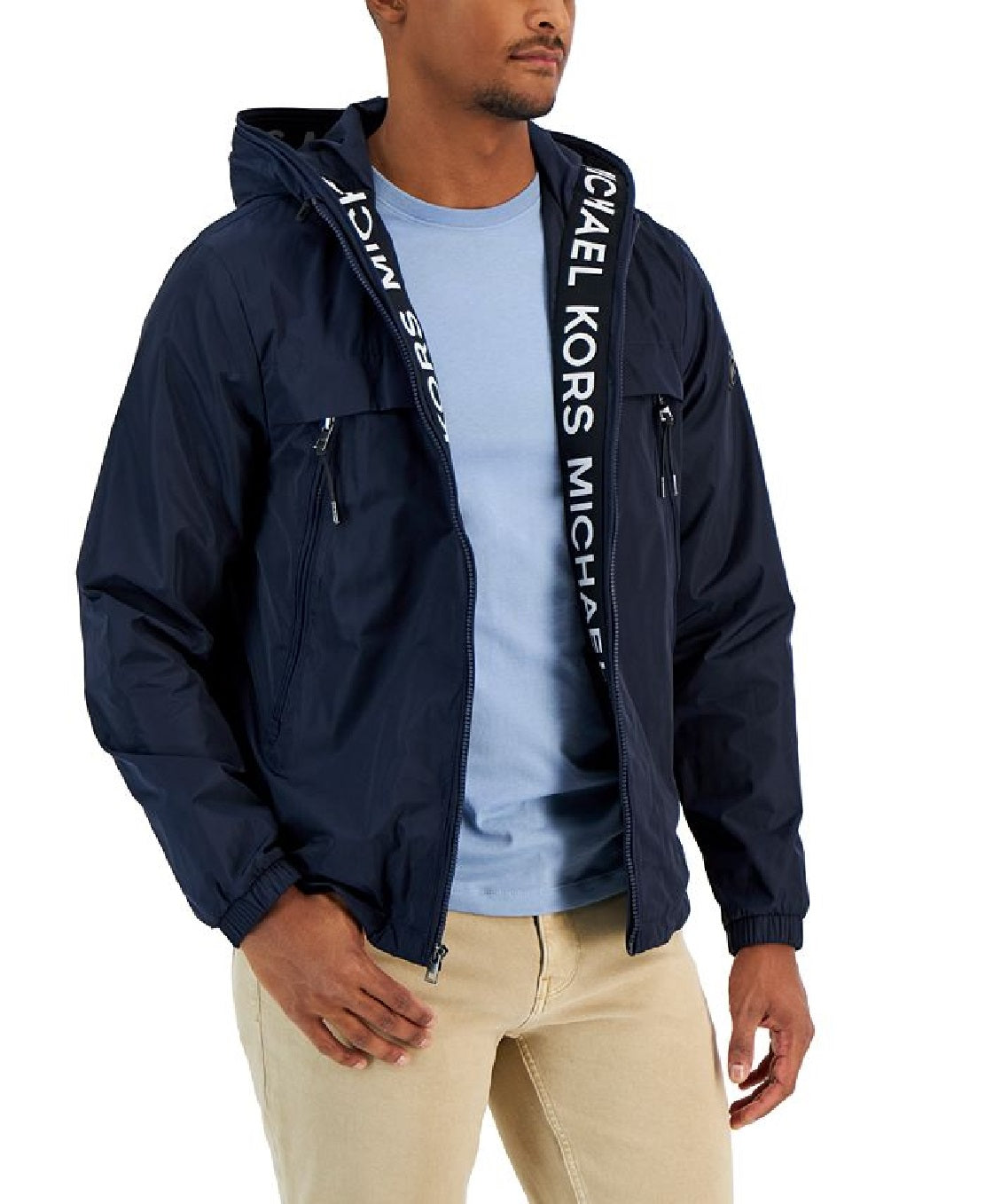 Michael Kors Men's Water Resistant Logo Tape Hooded Windbreaker Blue Size Large