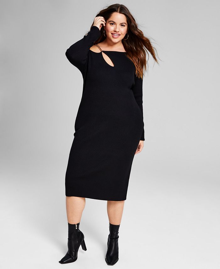 And Now This Women's Chain Strap Ribbed Knit Sweater Dress Black Size 2X
