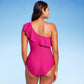 Kona Sol Women's Ruffle One Shoulder Full Coverage One Piece Swimsuit Pink Size S