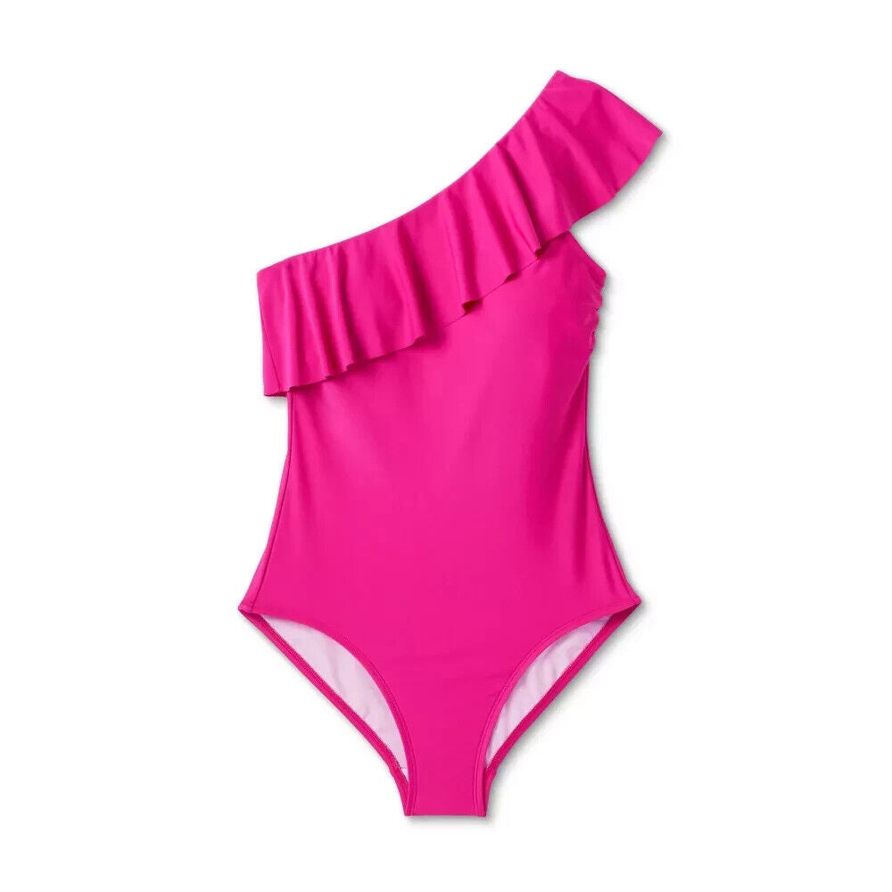 Kona Sol Women's Ruffle One Shoulder Full Coverage One Piece Swimsuit Pink Size S