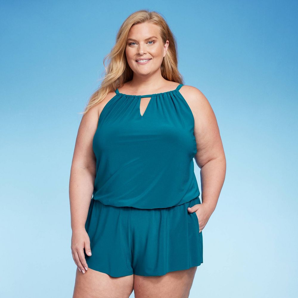 Aqua Green Women's UPF 50 High Neck Swim Romper with Pockets One Piece Swimsuit Teal Green Size 18
