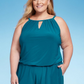 Aqua Green Women's UPF 50 High Neck Swim Romper with Pockets One Piece Swimsuit Teal Green Size 24