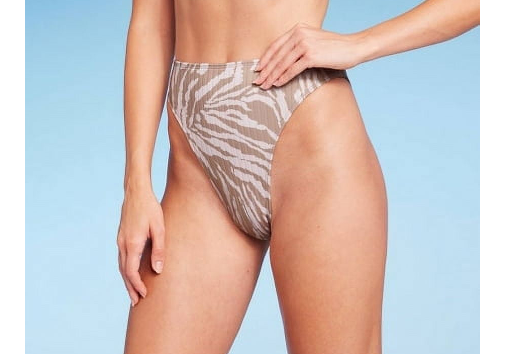 Wild Fable Women's Ribbed High Leg Cheeky High Waist Bikini Bottom Tan Animal Print Size XXS