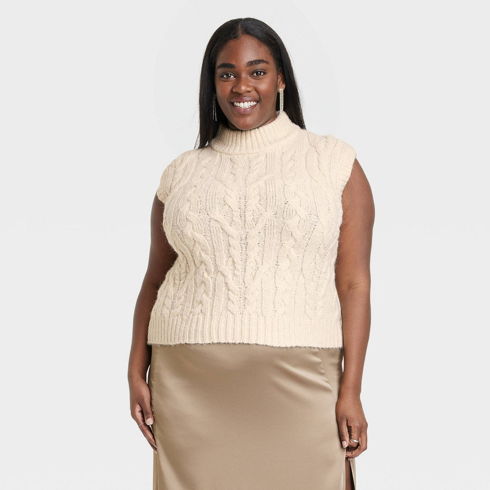A New Day Women's Sweater Vest Mock Turtleneck Cropped Cream Size 3X