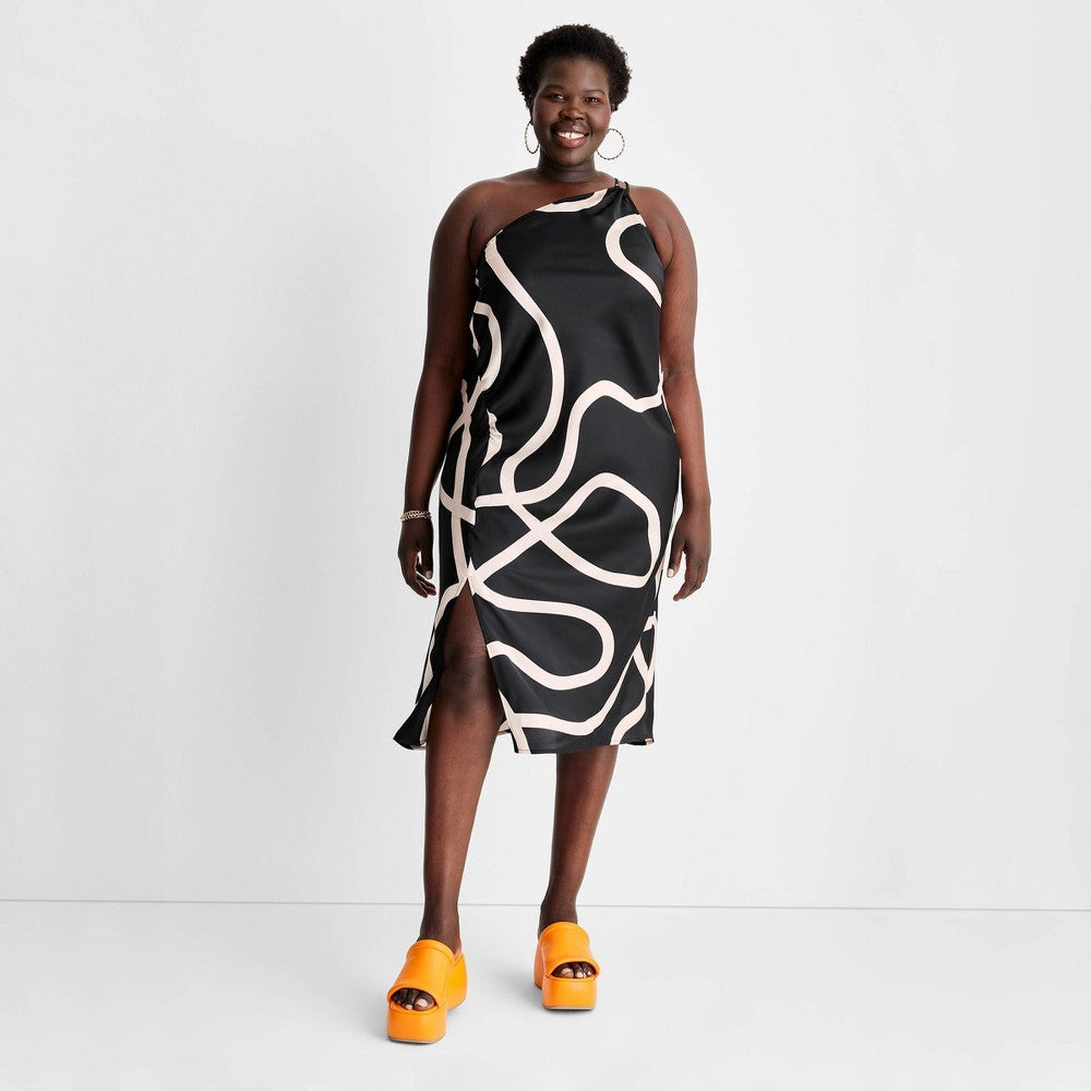 Future Collective Women's One Shoulder Slit Midi Dress - Abstract Black/White XXL by Alani Noelle