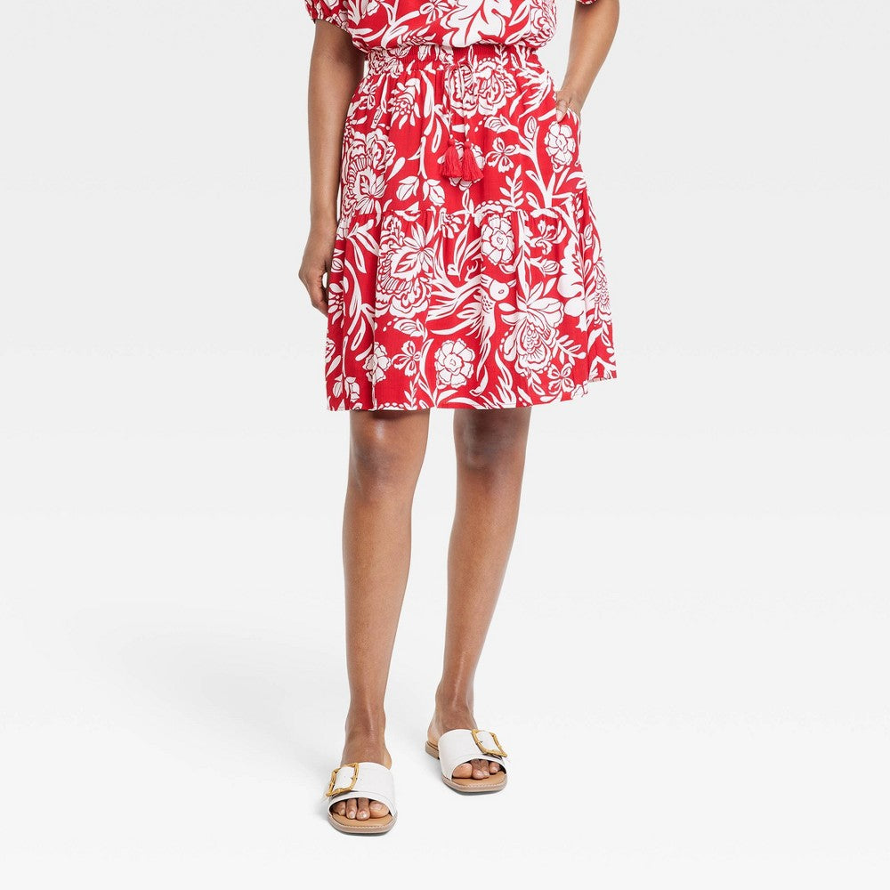 Knox Rose Women's Mini Tiered A-Line Skirt Red Floral Size S