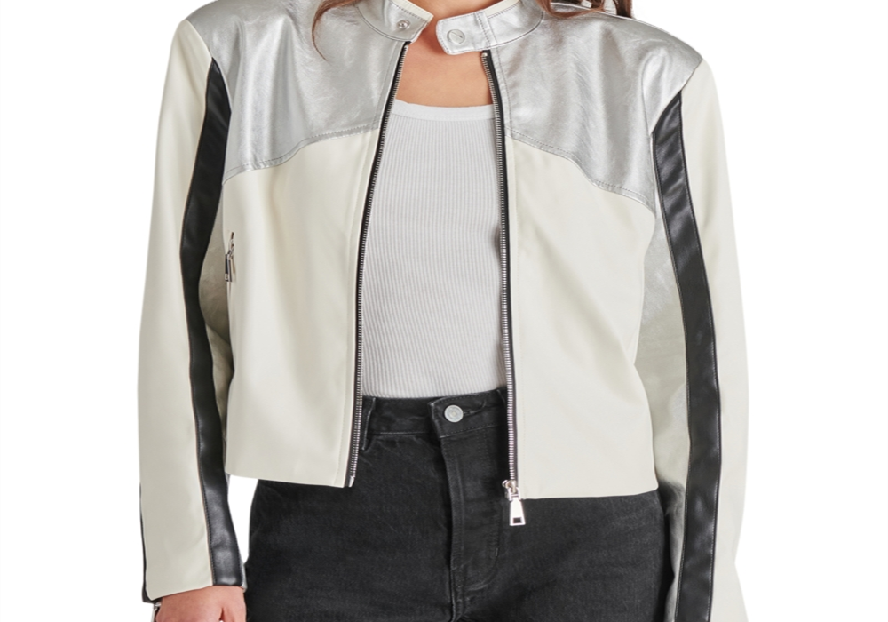 Steve Madden Helayna Color Blocked Moto Jacket Silver