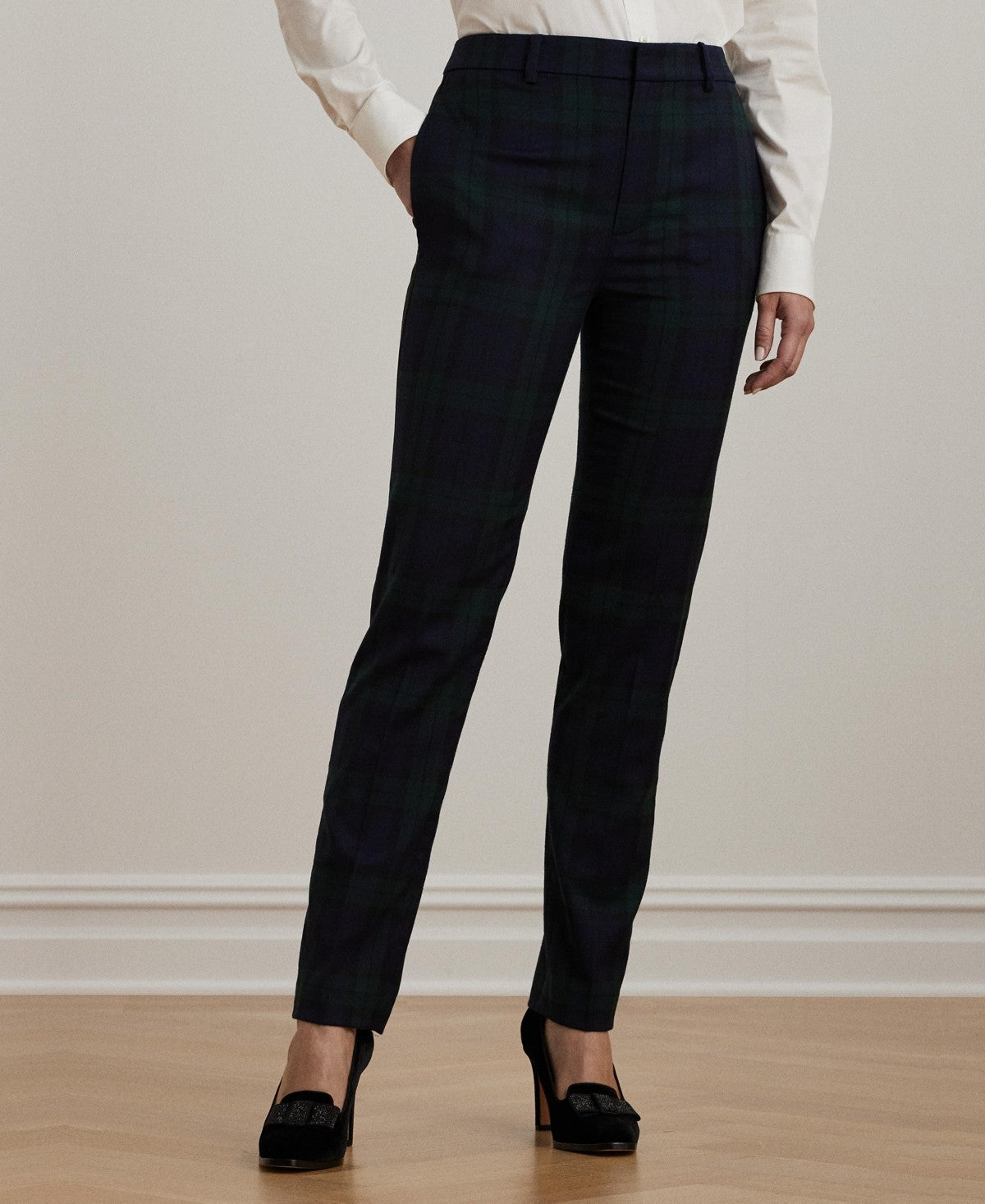 Lauren Ralph Lauren Womens Plaid Satin Stripe Twill Cropped Pants Green Navy Black