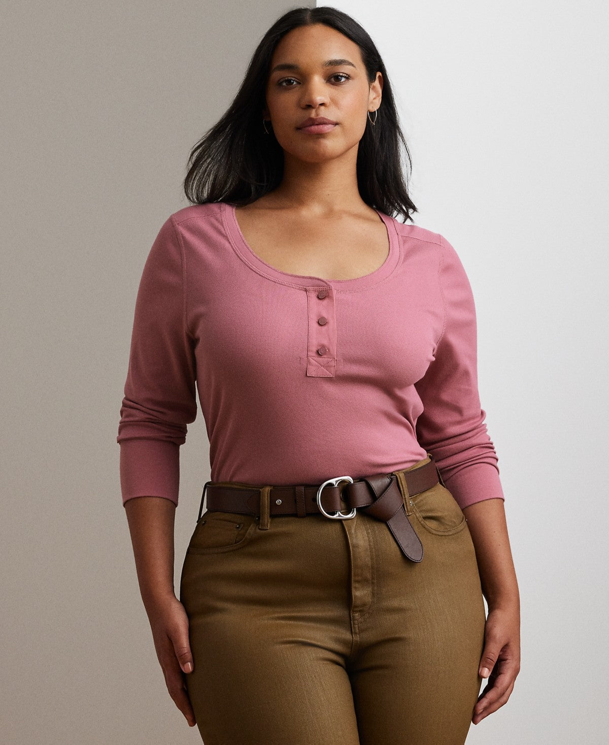 Lauren Ralph Lauren Plus Size Rib Knit Henley Tee Rose Blush
