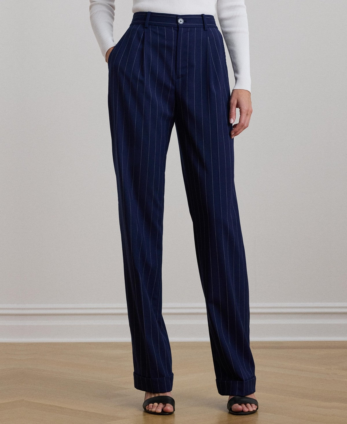 Lauren Ralph Lauren Womens Pinstripe Wool Blend Twill Pants Navy White