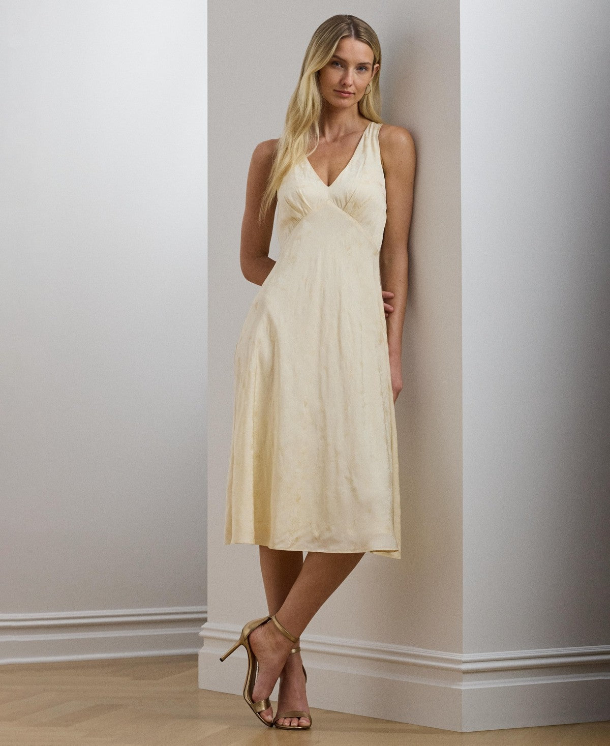 Lauren Ralph Lauren Womens Floral Jacquard Sleeveless Dress Ivory Beige