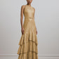 Lauren Ralph Lauren Womens Belted Metallic Lace Tiered Gown Sand Dune Gold