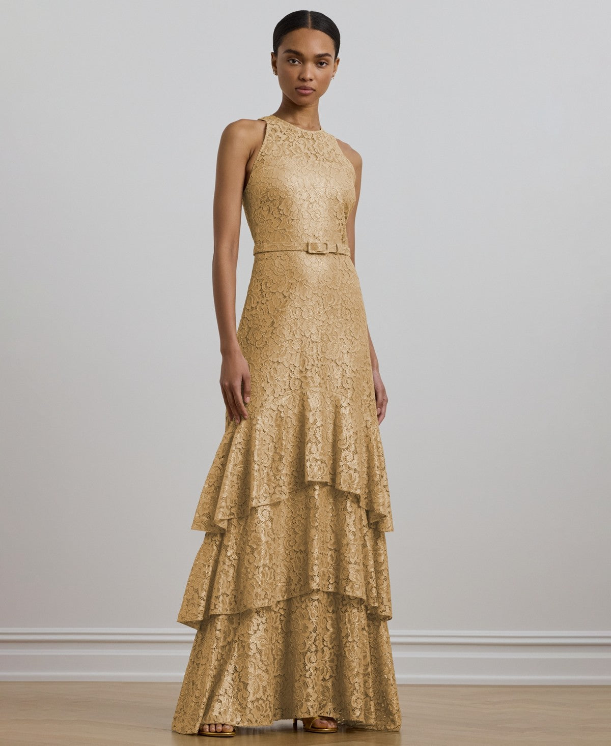 Lauren Ralph Lauren Womens Belted Metallic Lace Tiered Gown Sand Dune Gold