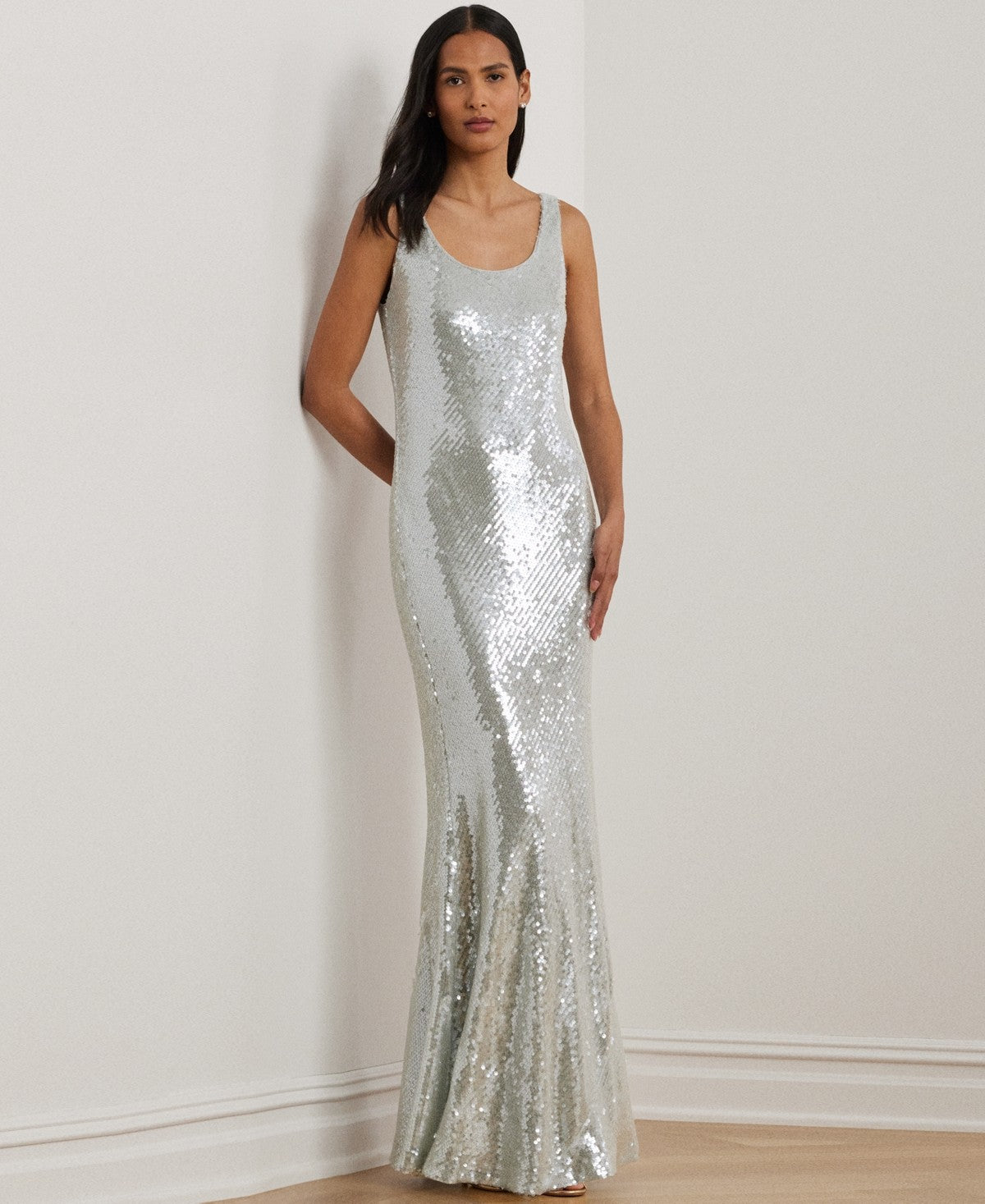Lauren Ralph Lauren Womens Sequined Sleeveless Gown Aqua Pearl