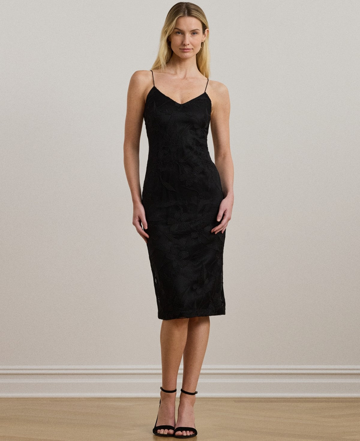 Lauren Ralph Lauren Sleeveless Midi Cocktail Dress Floral Embroidery