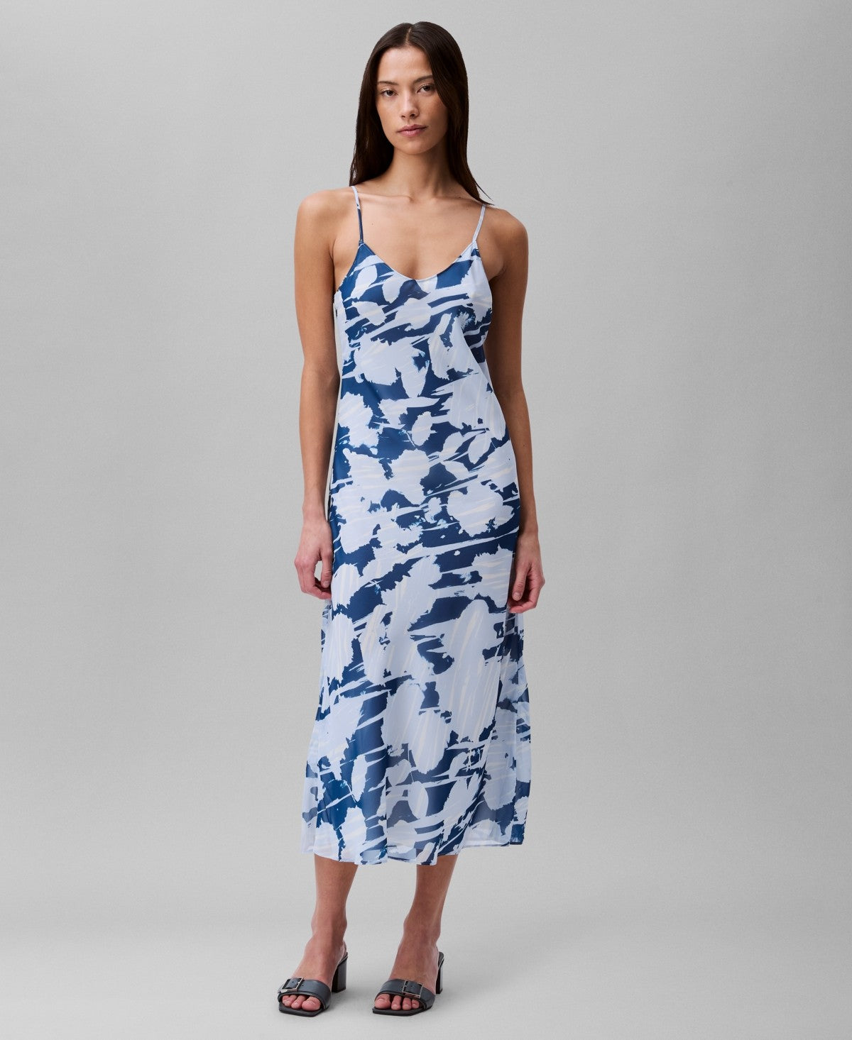 Calvin Klein Womens Printed Chiffon Slip Dress Poseidon