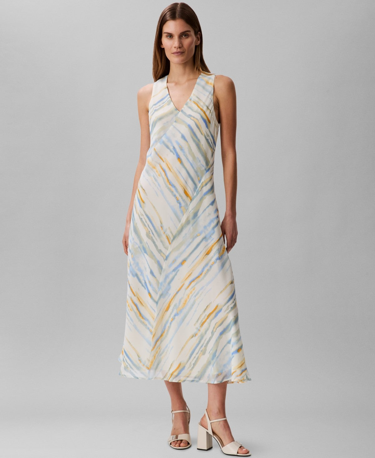 Calvin Klein Womens Printed V Neck Sleeveless Midi Dress White Natural