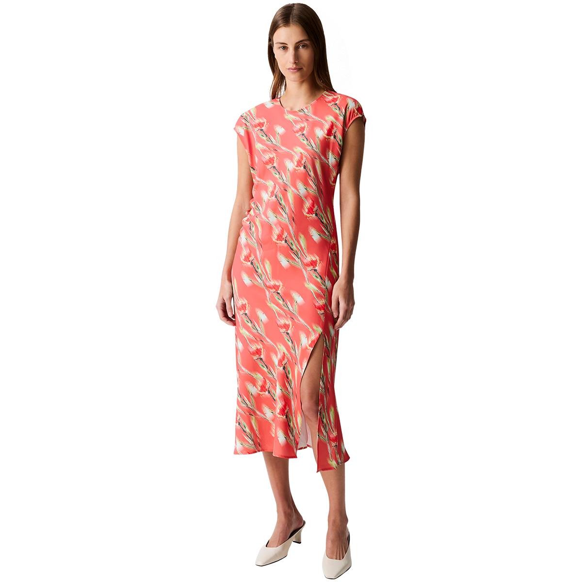 Calvin Klein Womens Cap Sleeve Printed Satin Midi Dress Orange Floral