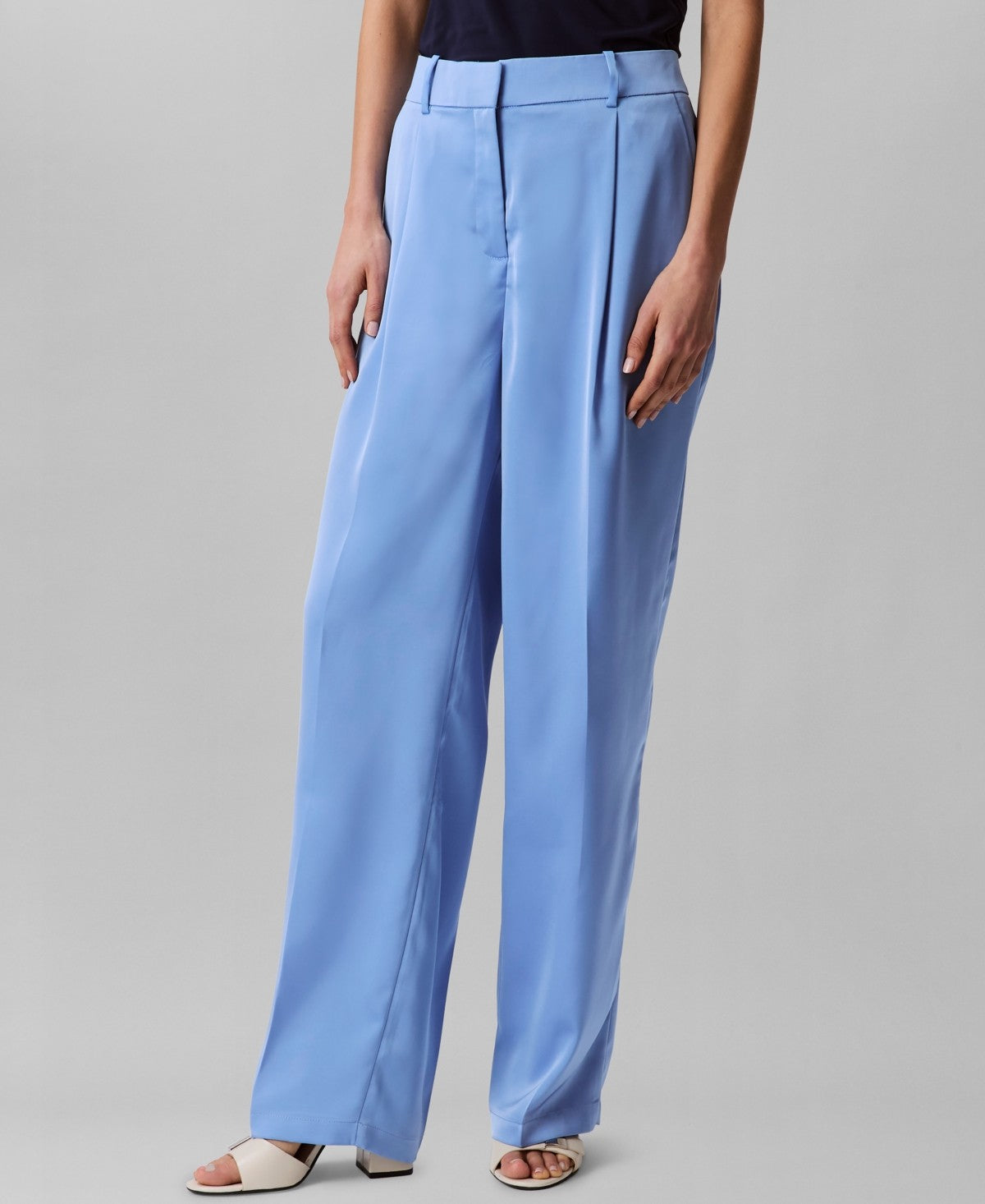 Calvin Klein Womens Satin High Waist Wide Leg Pants Azurine