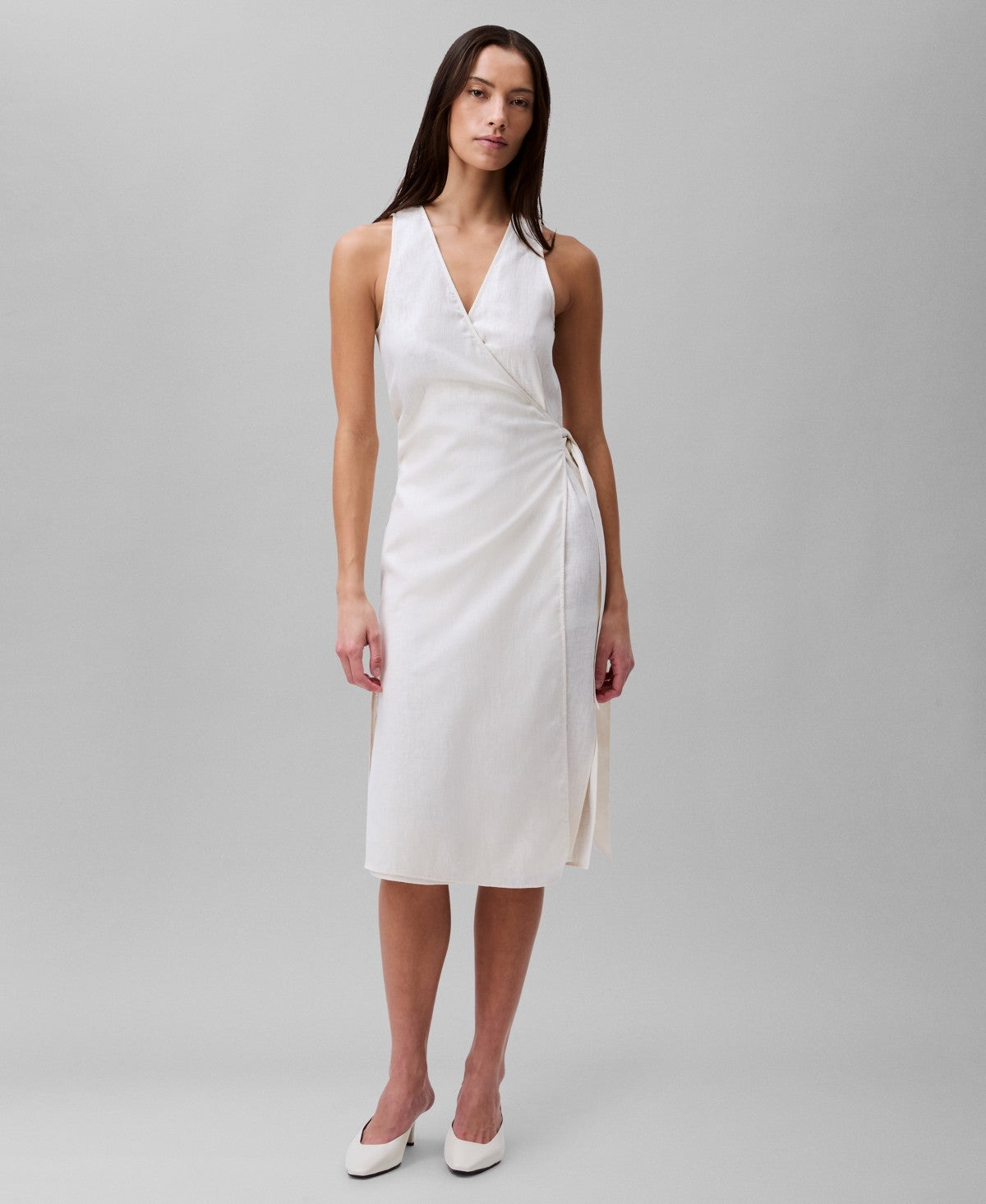 Calvin Klein Women's Linen Blend Sleeveless Wrap Dress Antique White