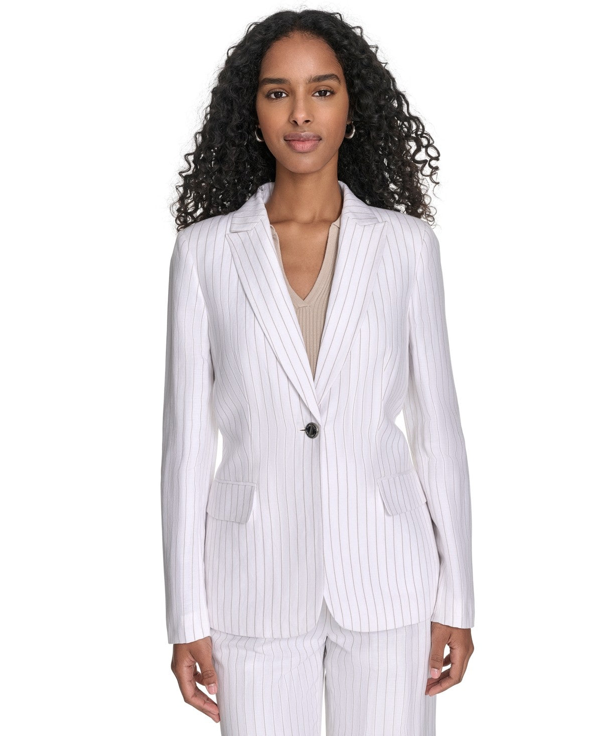 Calvin Klein Womens Pinstriped One Button Blazer White Khaki