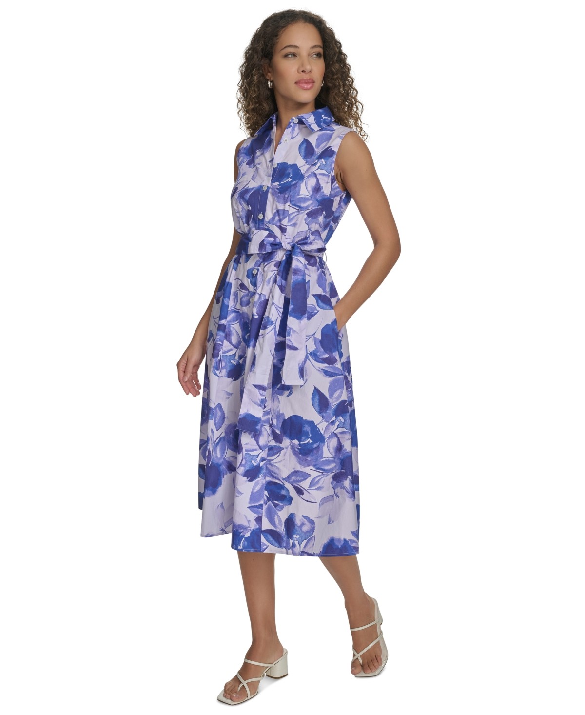 Calvin Klein Womens Cotton Floral Sleeveless Shirtdress Lilac Blue Multi