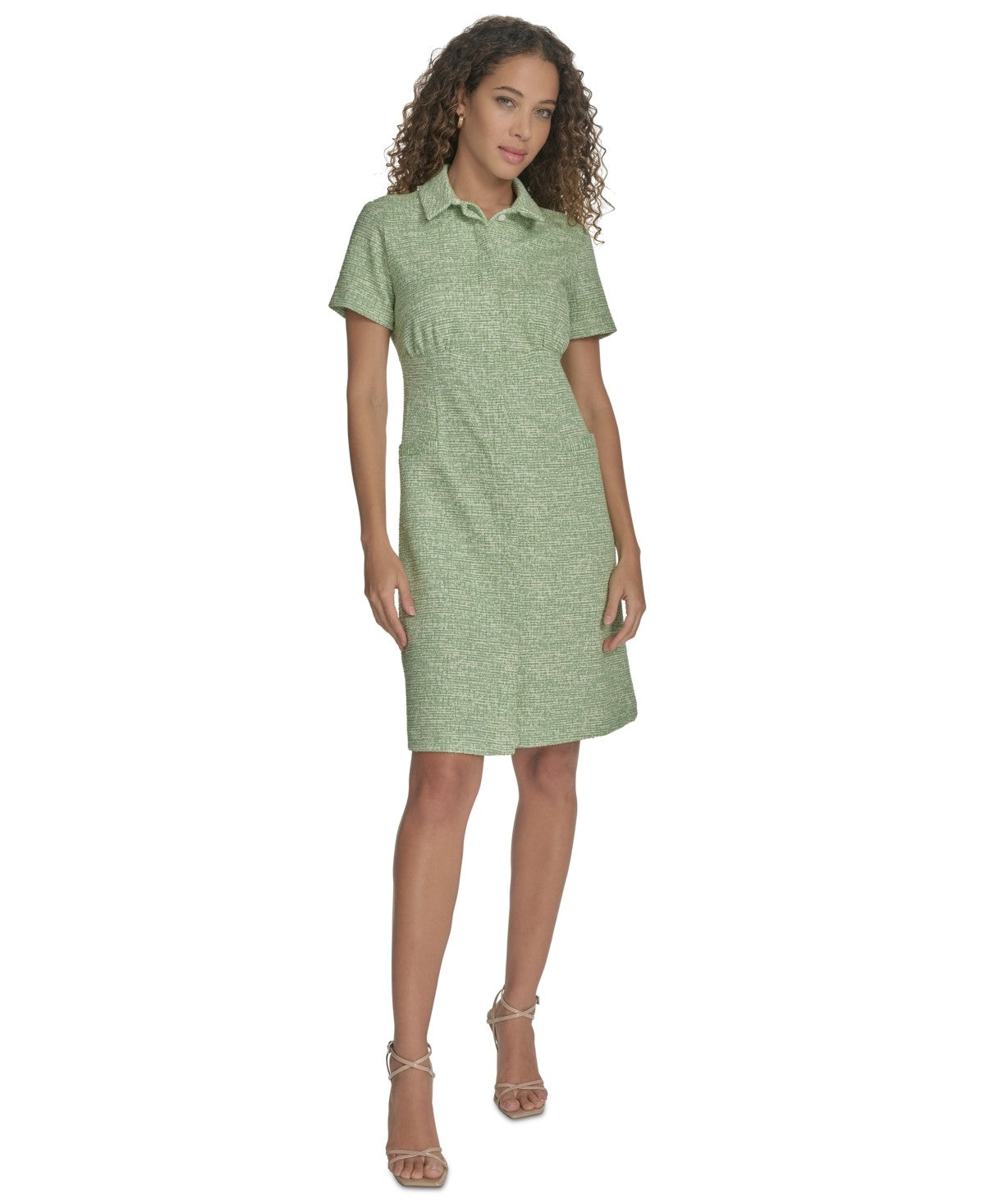 Calvin Klein Womens Tweed Collared Shirtdress Leaf White