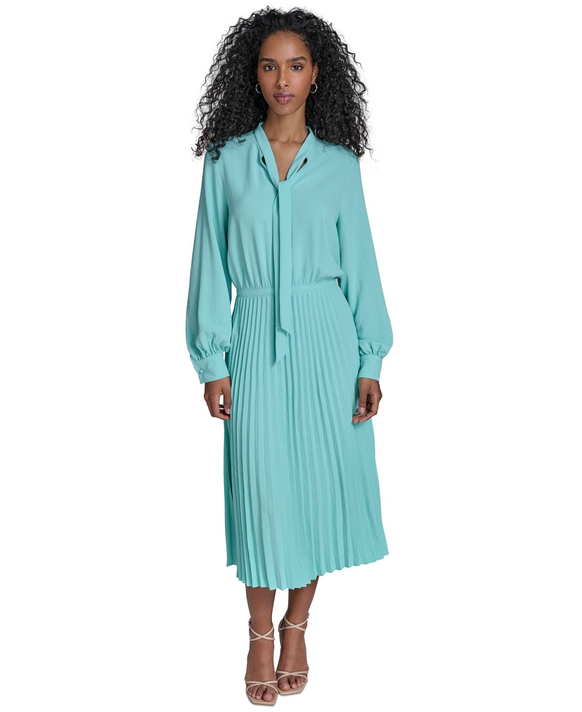 Calvin Klein Womens Tie Neck Pleated Skirt Dress Aqua