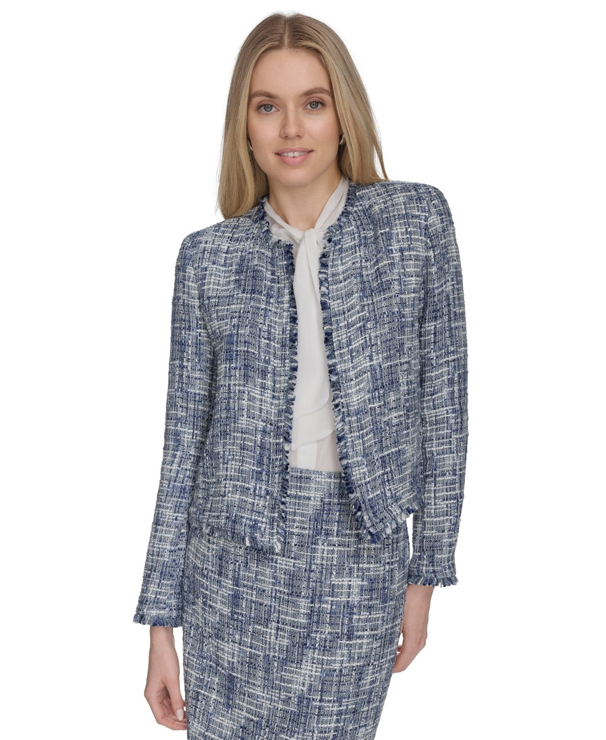 Calvin Klein Petite Open Front Cropped Tweed Jacket Cream Multi