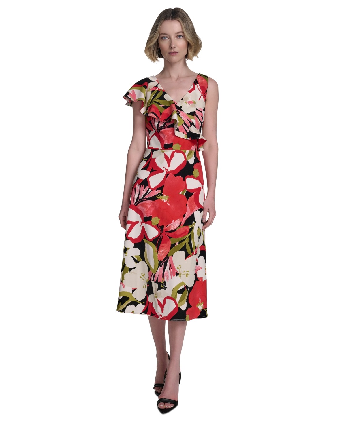 Halston Womens Printed Asymmetric Ruffled Midi Dress Fire Cream Floral