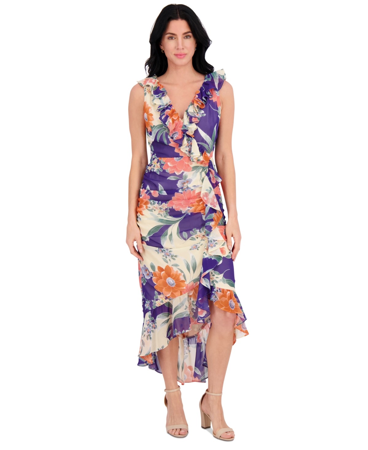 Kensie Womens Printed Ruffled High Low Maxi Dress Multi