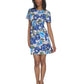 Halston Womens Floral Short Sleeve Mini Dress Sea Blue Size 6