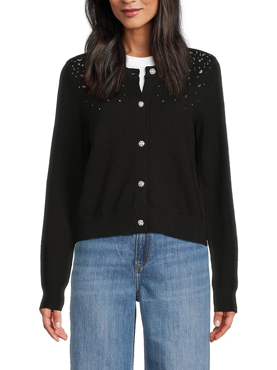 Karl Lagerfeld Paris Women's Embellished Cotton Blend Cardigan Black Size L