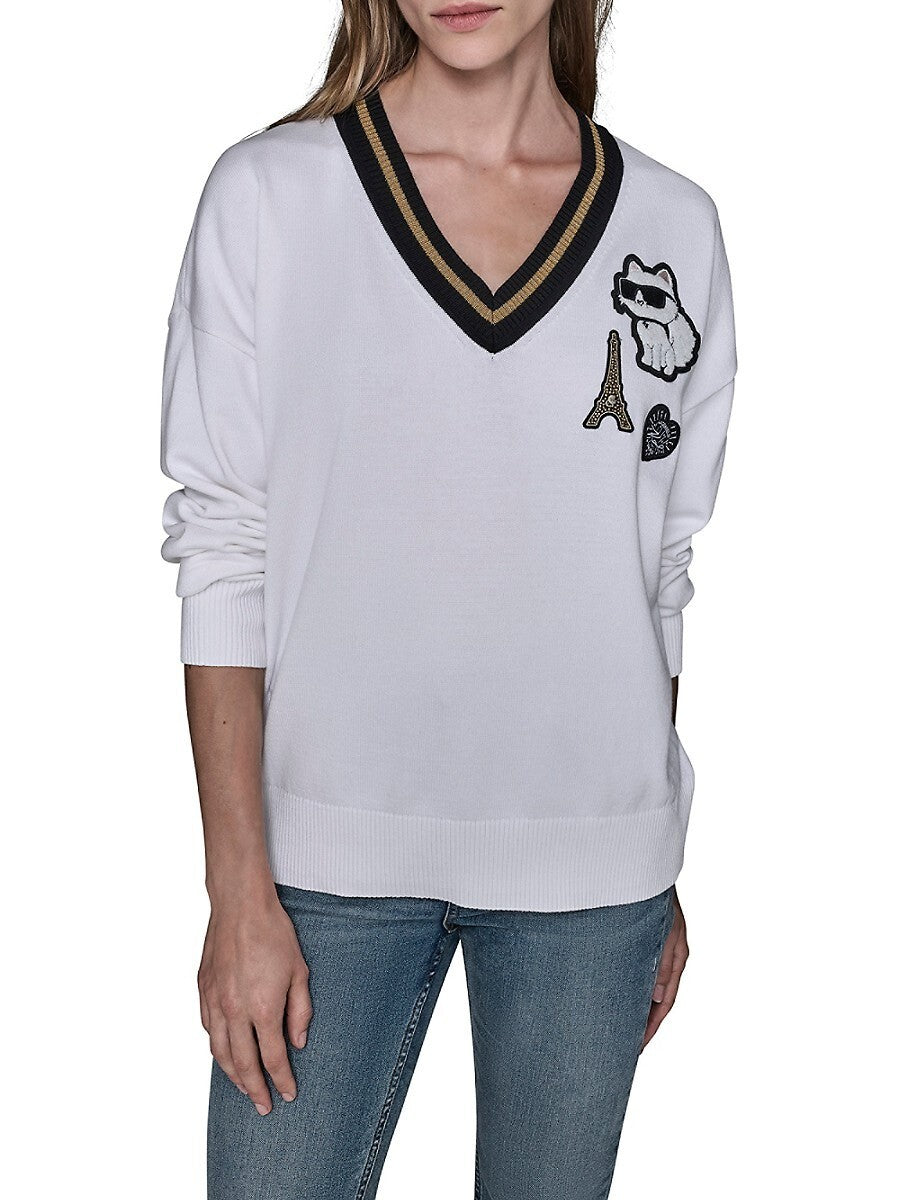 Karl Lagerfeld Paris Womens Graphic Embroidered Cotton Blend Sweater Soft White Size L