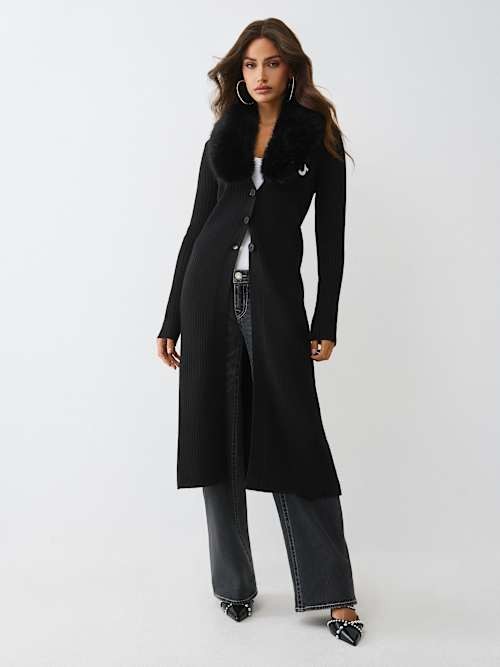 True Religion Womens Faux Fur Duster Cardigan Black Size XL