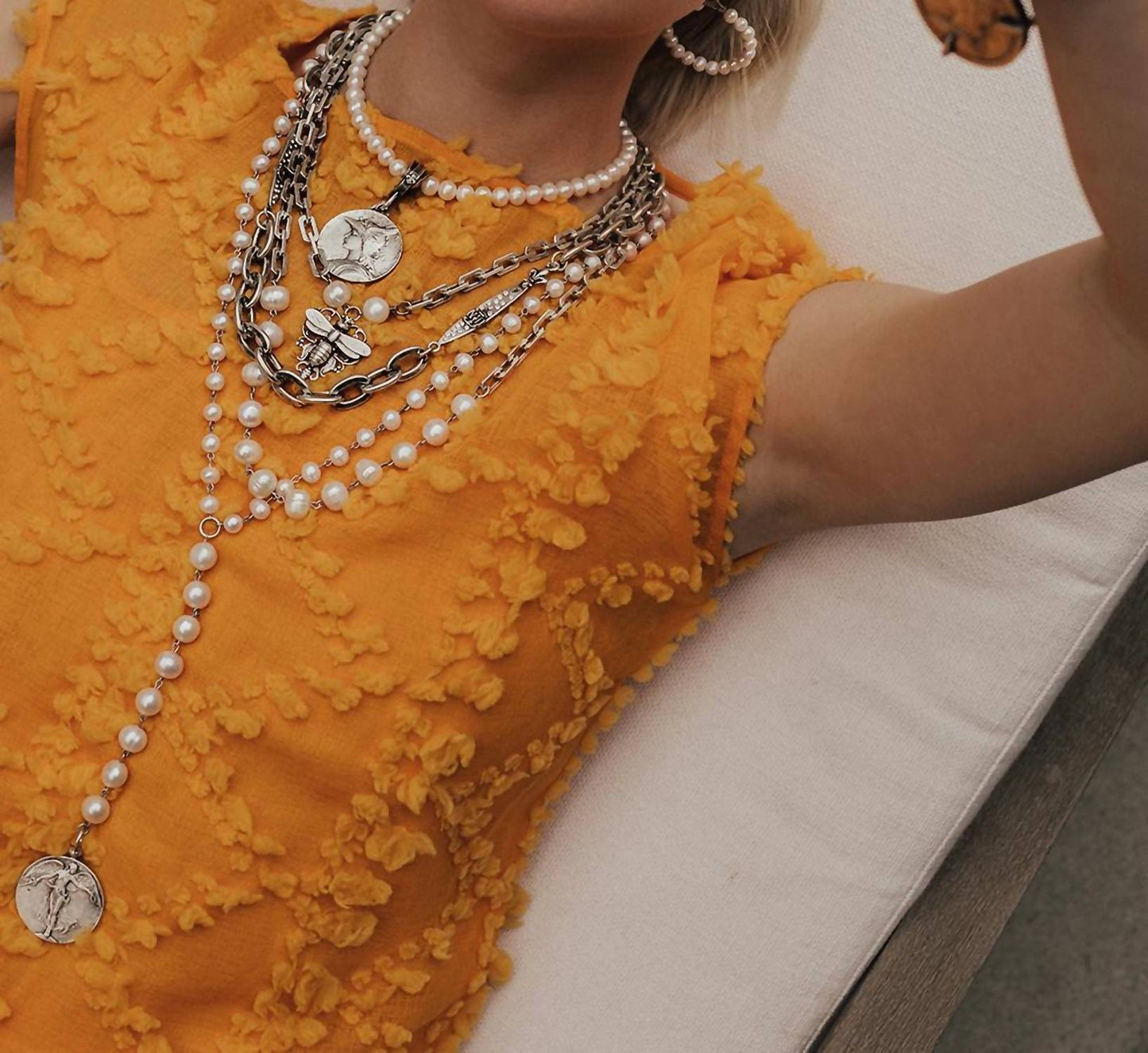 French Kande - Women's Pearls with Wire, Honfleur Chain and Filigree Miel Stack Pendant