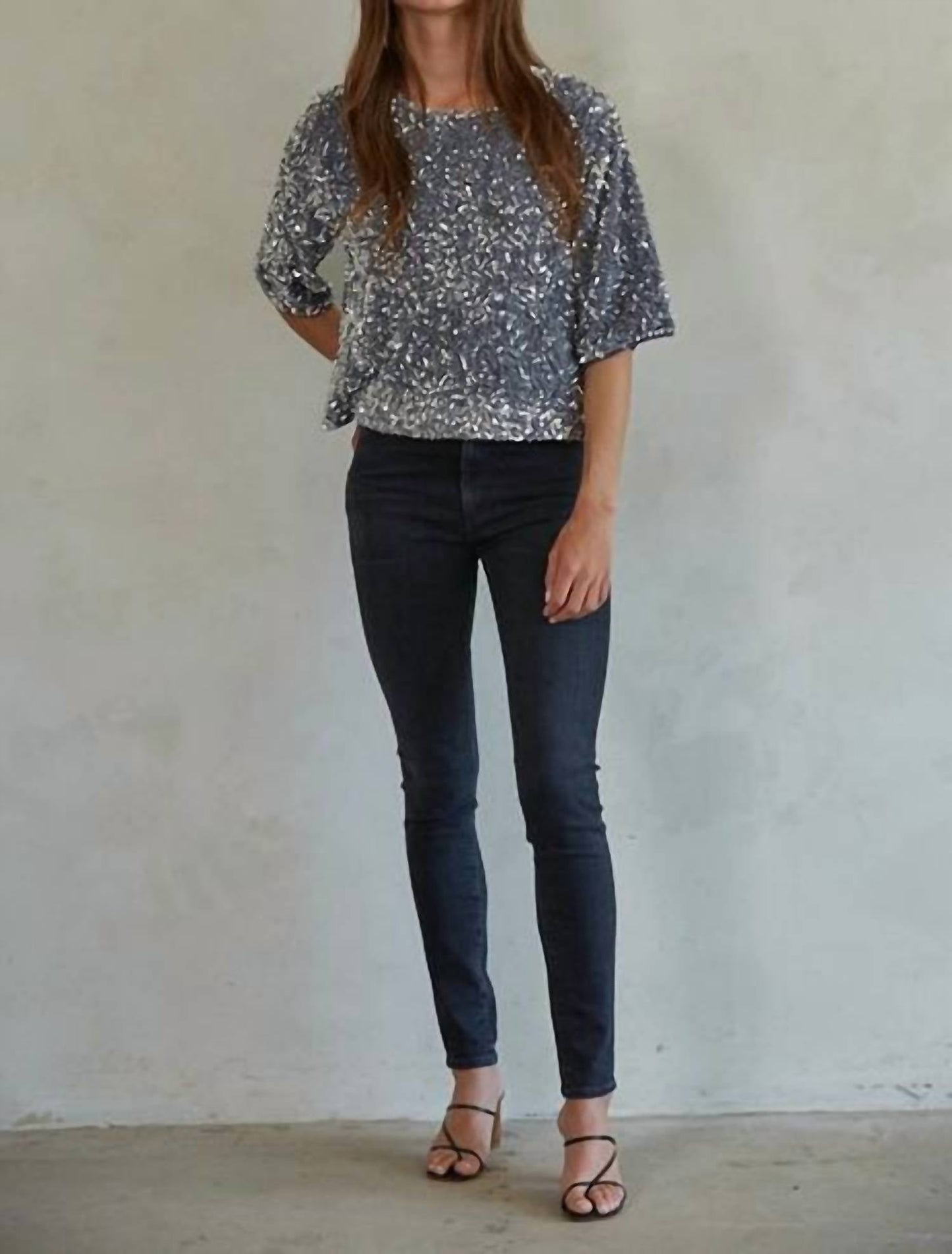 By Together - Sequin Velvet Round Neck Short Sleeve Top