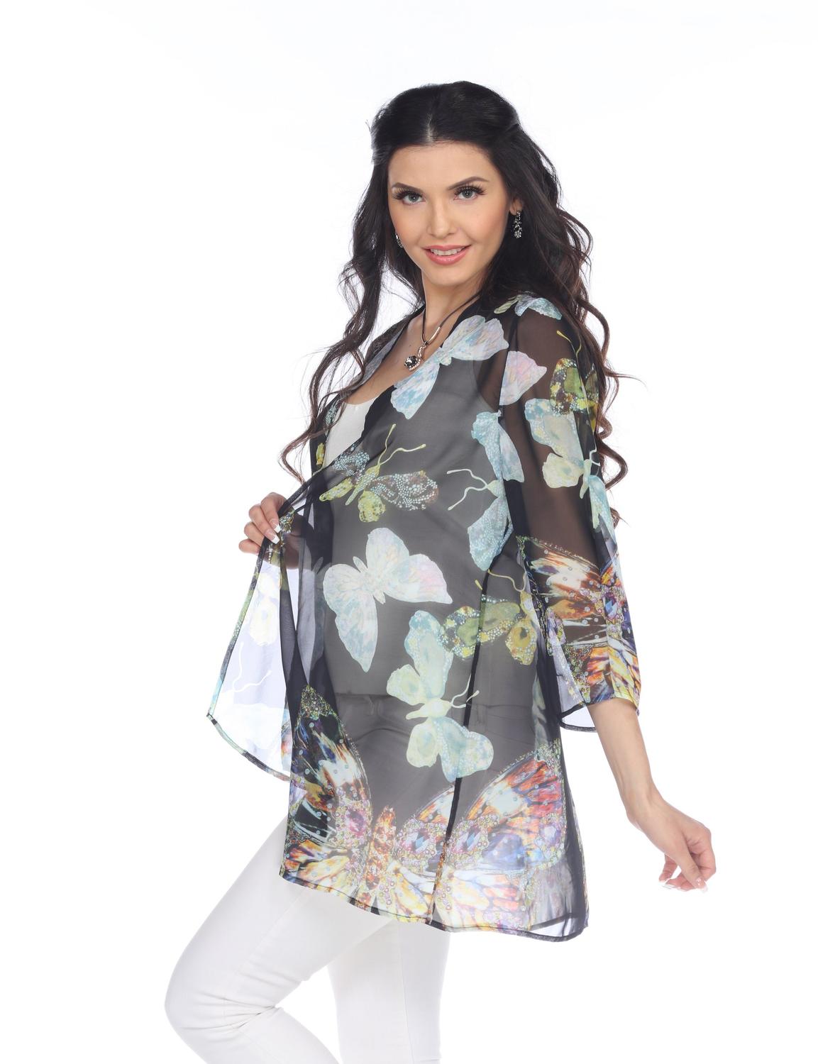 Arias - Sheer Butterfly Print Kimono Cardigan