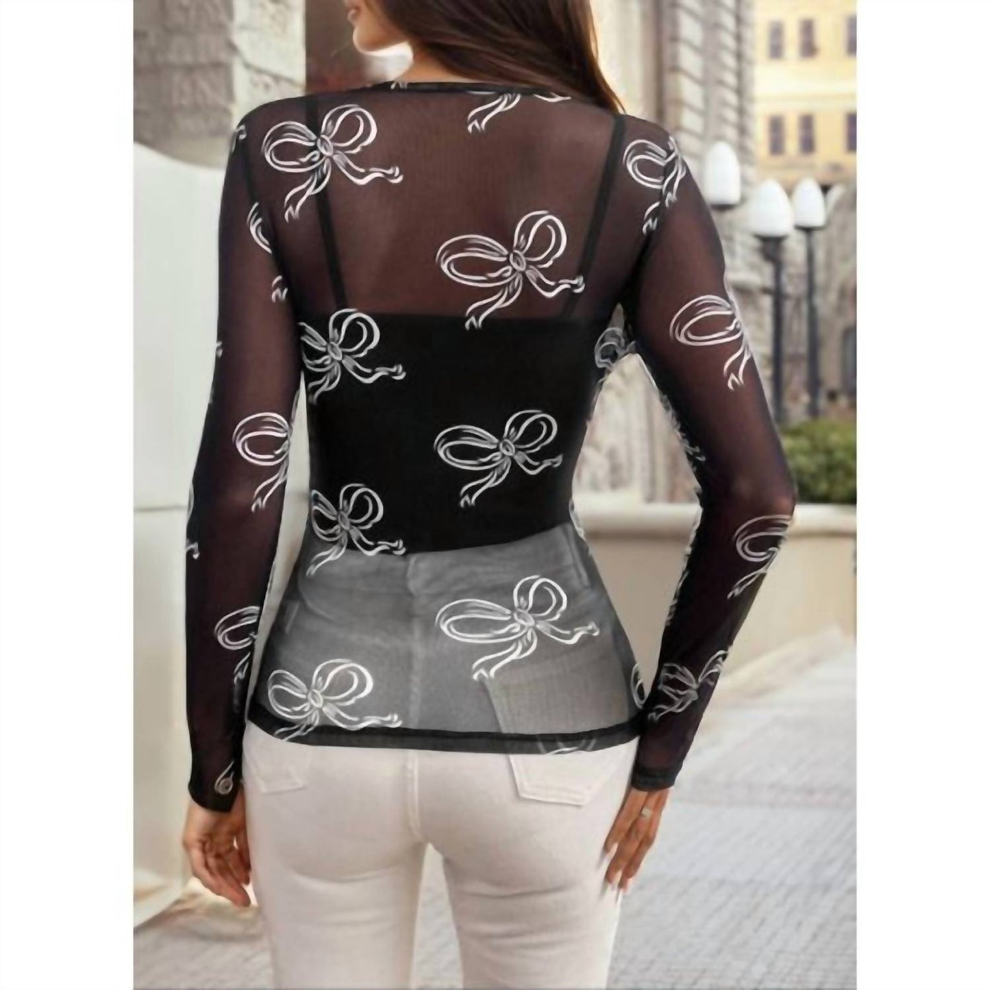 1 The Woman - Bow Mesh Long Sleeve Top