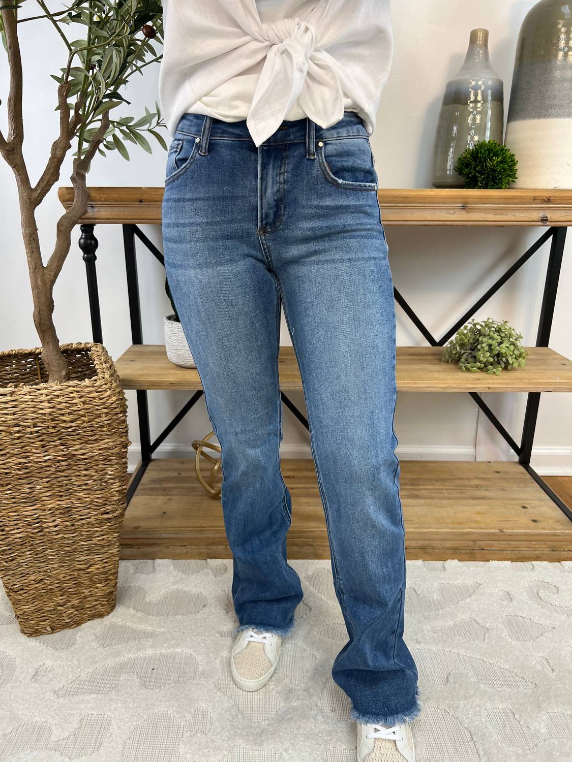 Risen - Mid Rise Fray Hem Bootcut Jeans