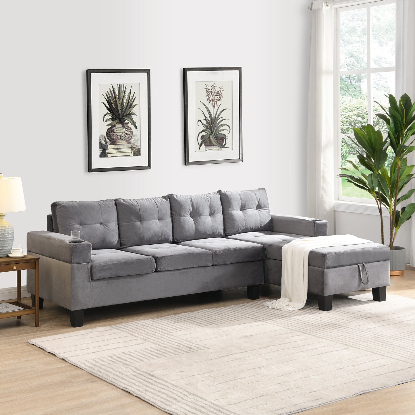 Modern Sectional Sofa Set with L Shape Chaise Lounge and Storage in Grey Velvet Fabric