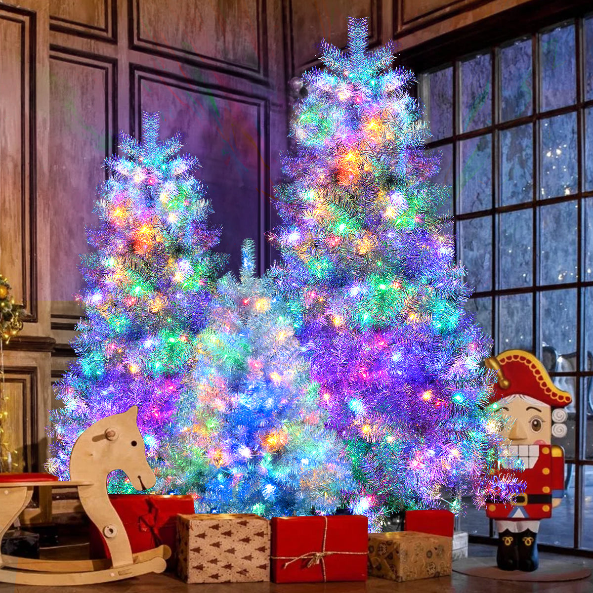 3-Piece Silver Pre-Lit Christmas Tree Set – Modern Metallic Elegance